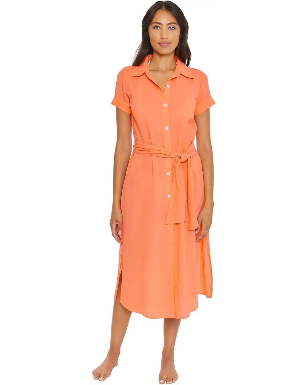 Becca Gauzy Nectar Orange Button Down Midi Beach Coverup Shirt Dress Size Small